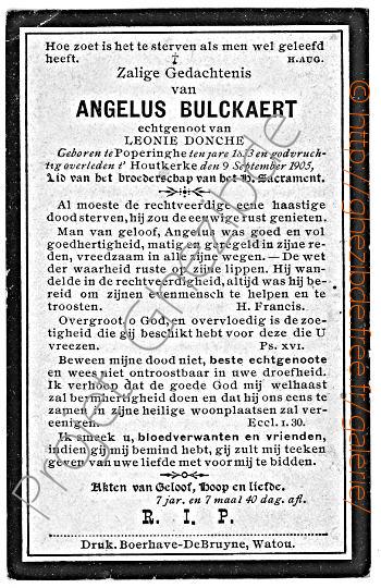 Angelus Bulckaert echtgenoot van Leonie Donche, overleden t'Houtkerke, den 9 September 1905.